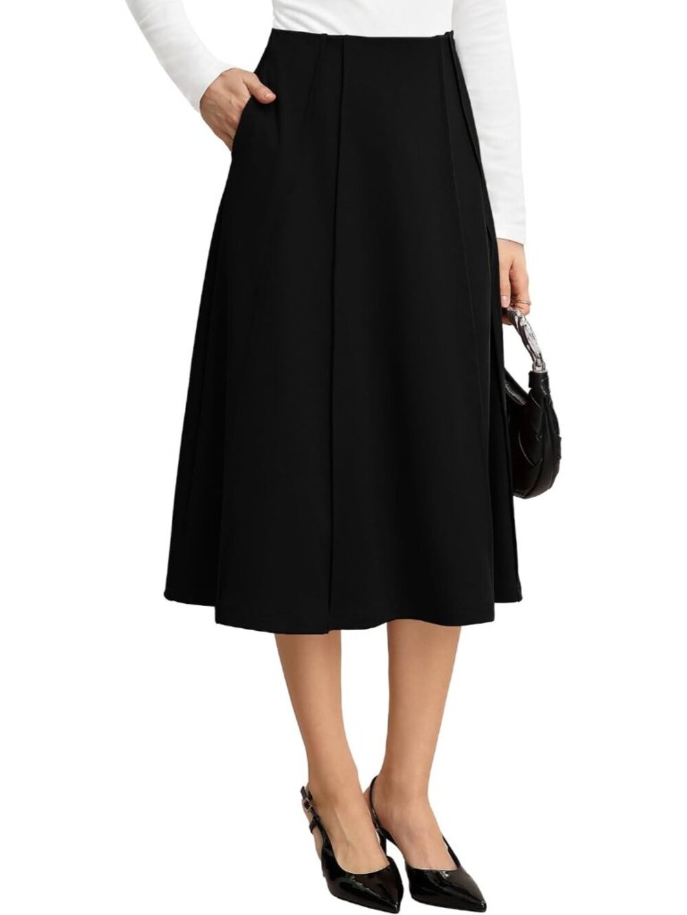 Women's Deep Black Panel-pleated High-waisted Side Pockets A Line Flowy Skirt
